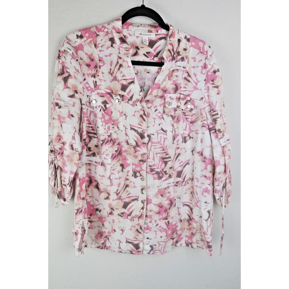 JM Collection Pink White Abstract Floral 100% Linen‎ Button Front Blouse Women's